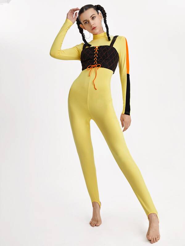 Adjustable Mock Neck Lace Up Front Color block 2 In 1 Jumpsuit