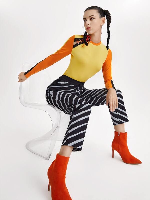 Adjustable Grommet Lace Up Detail Colorblock Tee & Striped Pants