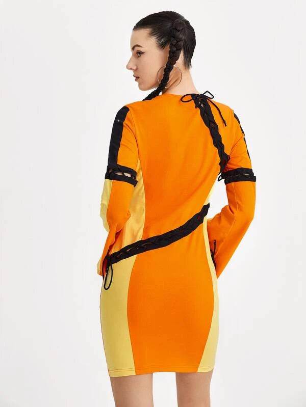 Adjustable Colorblock Lace Up Side Flounce Sleeve Dress