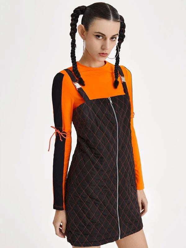 Adjustable Lace Up Sleeve Tee & Plaid Overall Dress
