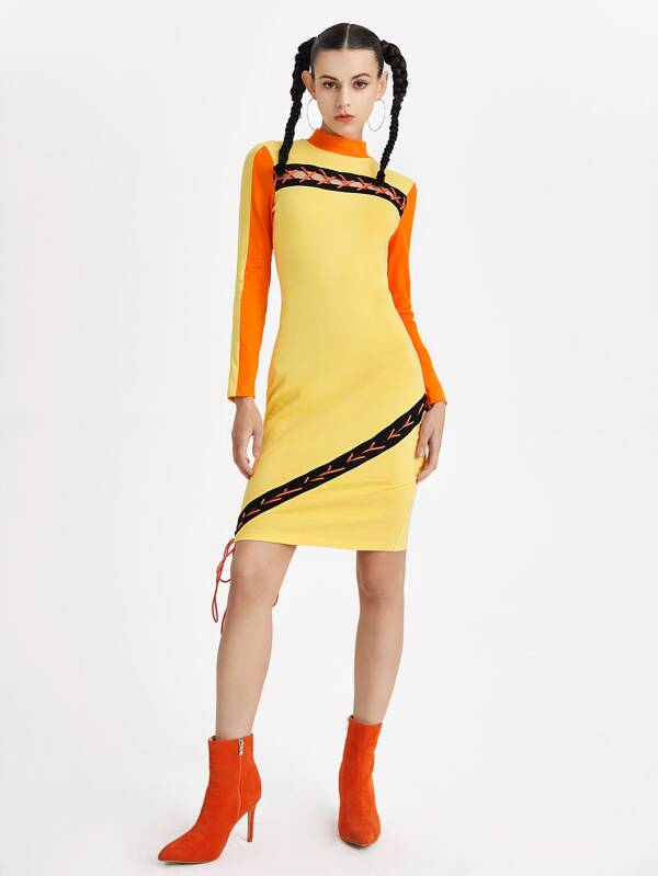 Adjustable Mock Neck Lace Up Detail Colorblock Dress