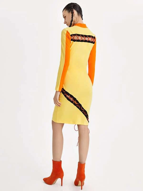 Adjustable Mock Neck Lace Up Detail Colorblock Dress