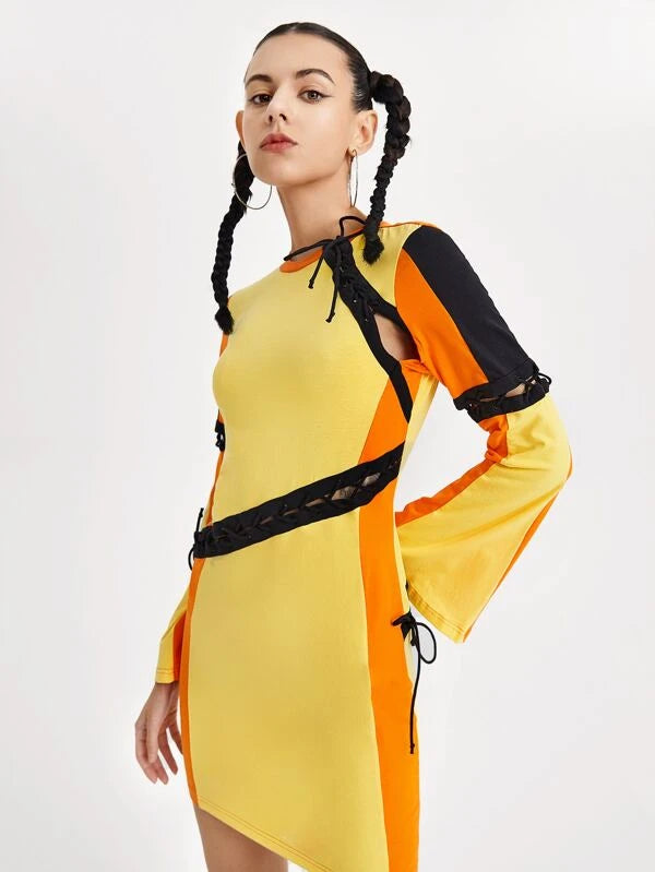 Adjustable Colorblock Lace Up Side Flounce Sleeve Dress