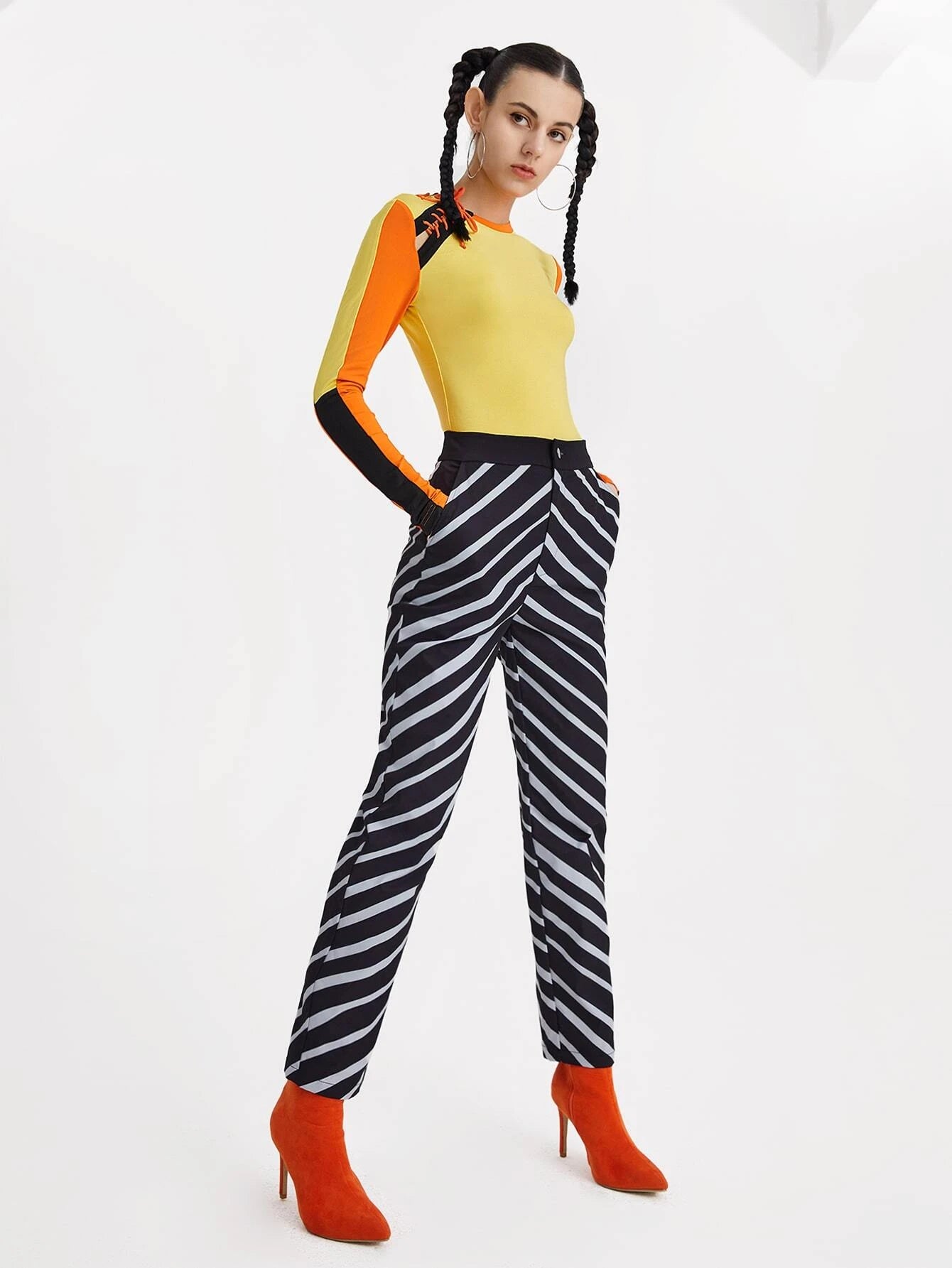 Adjustable Grommet Lace Up Detail Colorblock Tee & Striped Pants