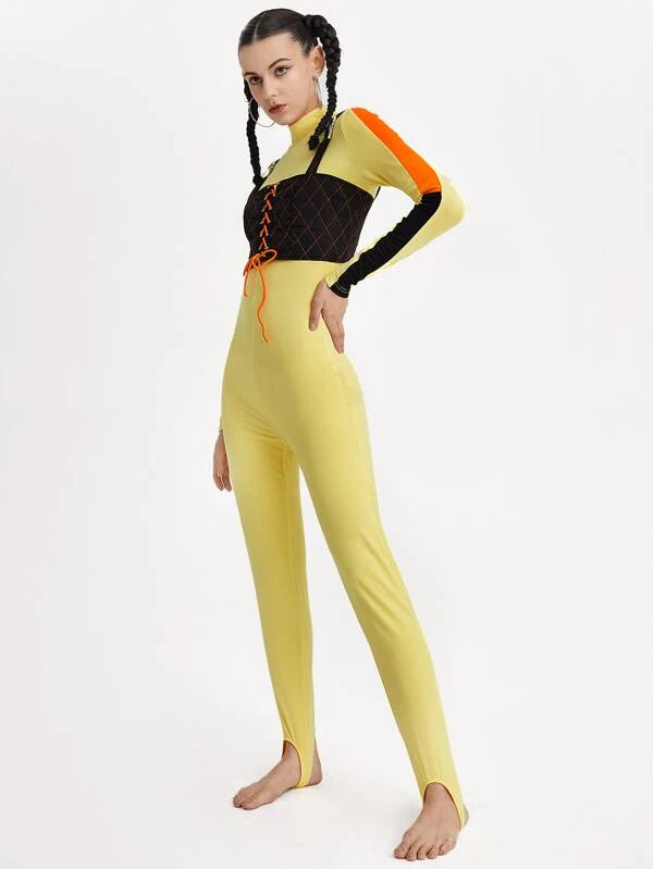 Adjustable Mock Neck Lace Up Front Color block 2 In 1 Jumpsuit