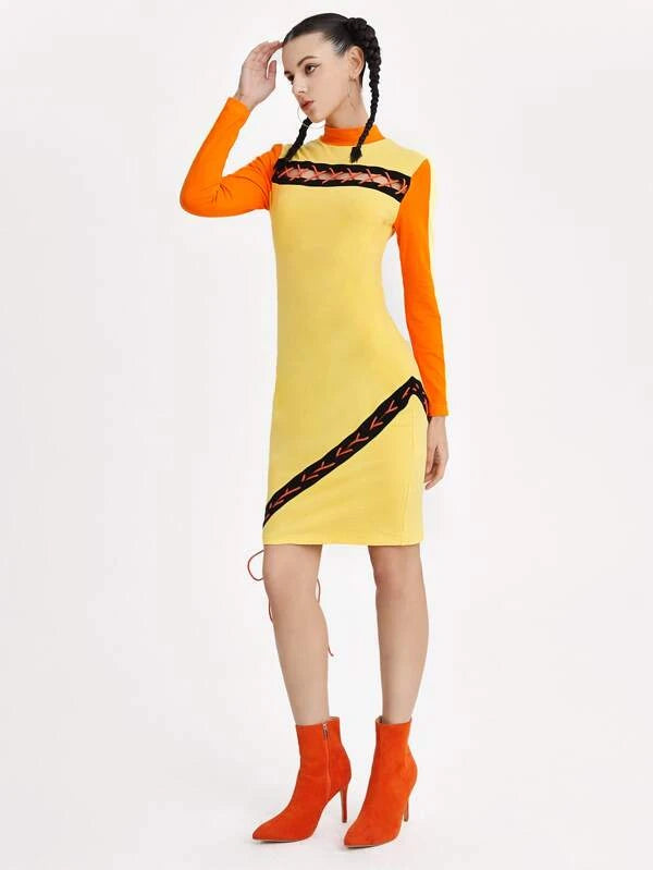 Adjustable Mock Neck Lace Up Detail Colorblock Dress