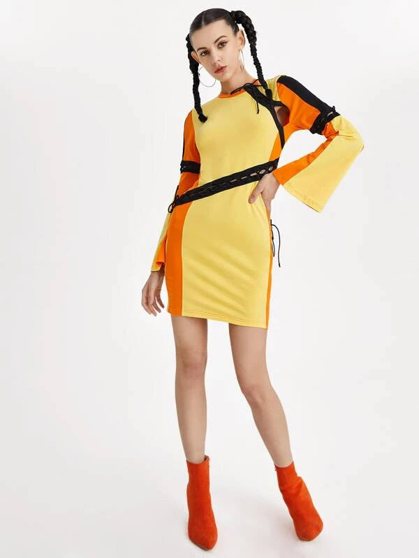 Adjustable Colorblock Lace Up Side Flounce Sleeve Dress