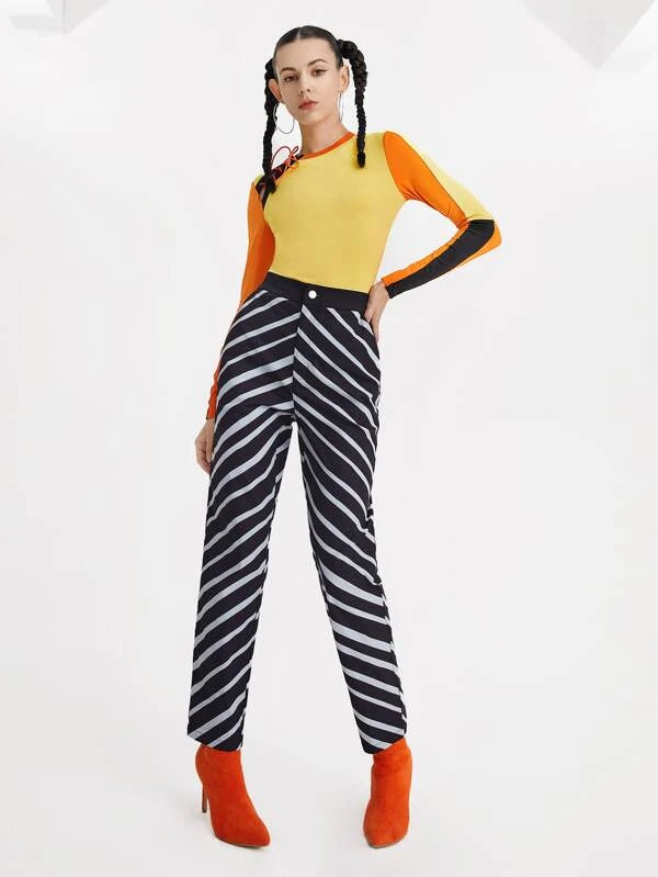 Adjustable Grommet Lace Up Detail Colorblock Tee & Striped Pants