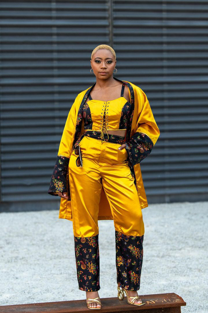 Custom 3-Piece Gold Satin Set | Kimono, Bralette & High-Waist Pant | Brocade Festival Outfit | Luxe Streetwear Fashion by IFLYUNIVERSE
