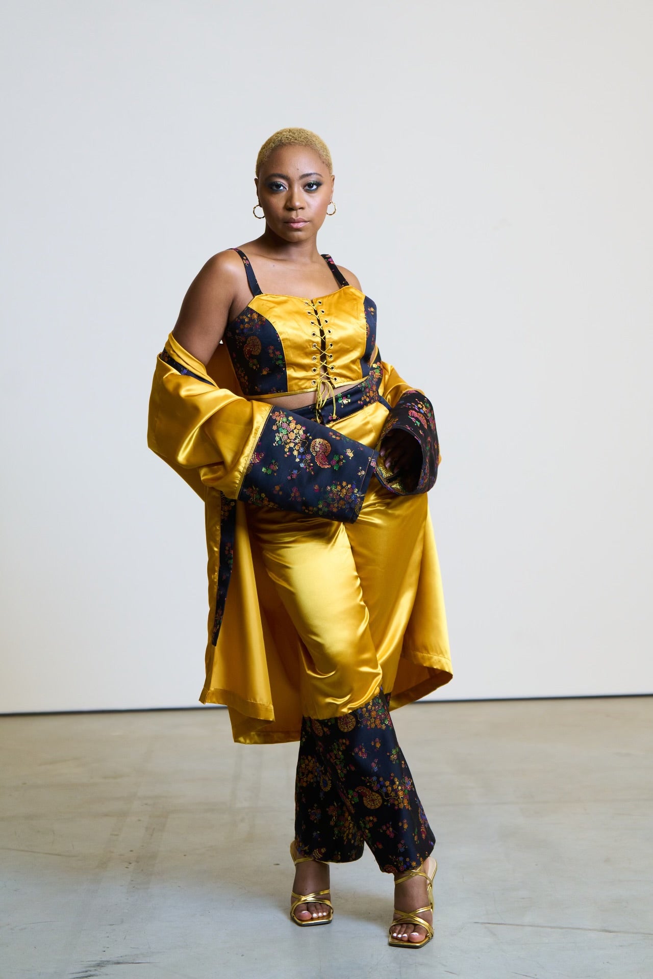 Custom 3-Piece Gold Satin Set | Kimono, Bralette & High-Waist Pant | Brocade Festival Outfit | Luxe Streetwear Fashion by IFLYUNIVERSE