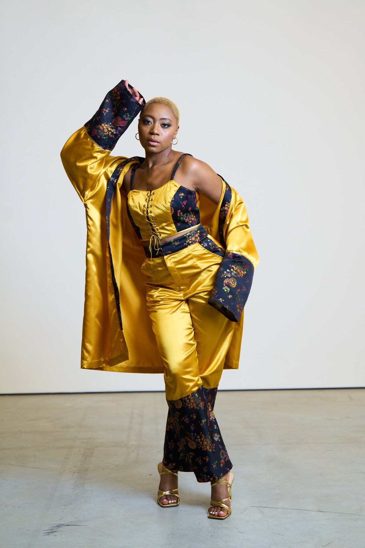 Custom 3-Piece Gold Satin Set | Kimono, Bralette & High-Waist Pant | Brocade Festival Outfit | Luxe Streetwear Fashion by IFLYUNIVERSE