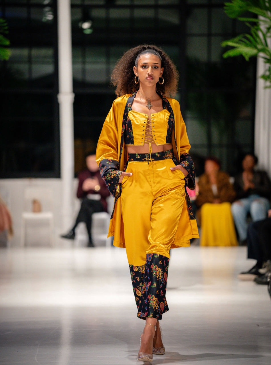 Custom 3-Piece Gold Satin Set | Kimono, Bralette & High-Waist Pant | Brocade Festival Outfit | Luxe Streetwear Fashion by IFLYUNIVERSE