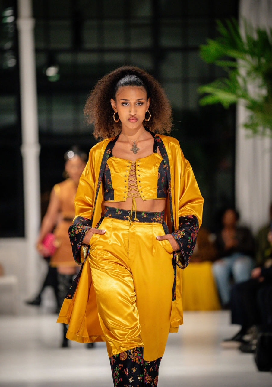 Custom 3-Piece Gold Satin Set | Kimono, Bralette & High-Waist Pant | Brocade Festival Outfit | Luxe Streetwear Fashion by IFLYUNIVERSE