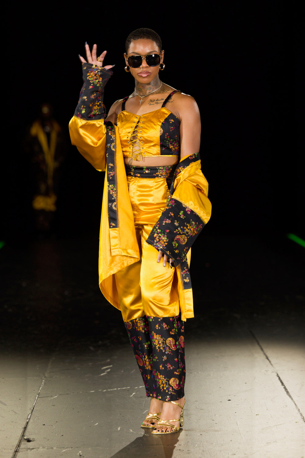 Custom 3-Piece Gold Satin Set | Kimono, Bralette & High-Waist Pant | Brocade Festival Outfit | Luxe Streetwear Fashion by IFLYUNIVERSE
