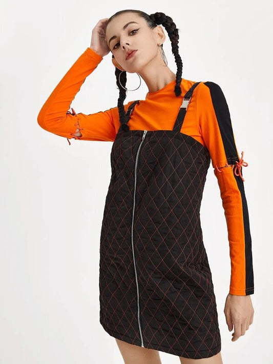 Adjustable Lace Up Sleeve Tee & Plaid Overall Dress