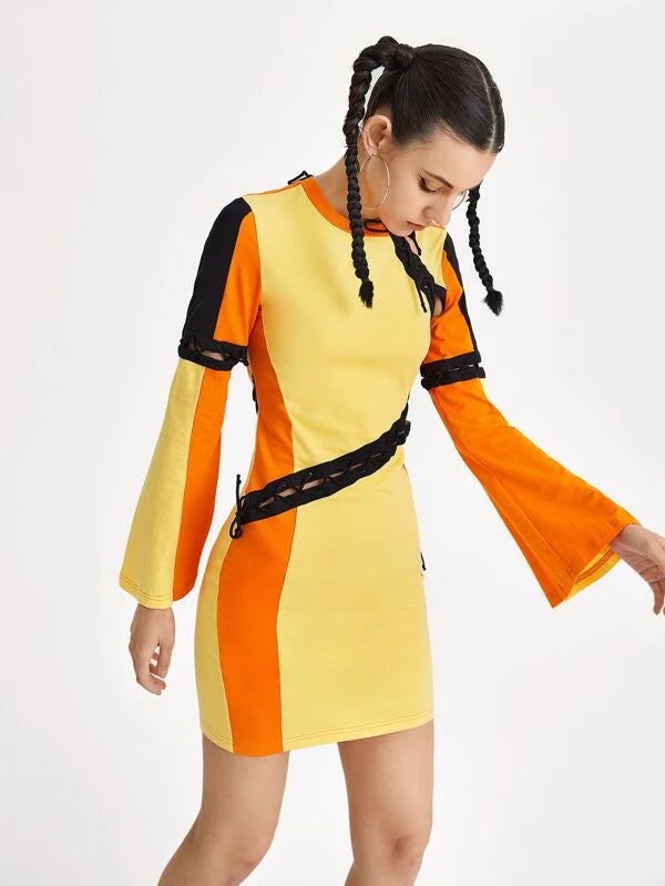 Adjustable Colorblock Lace Up Side Flounce Sleeve Dress