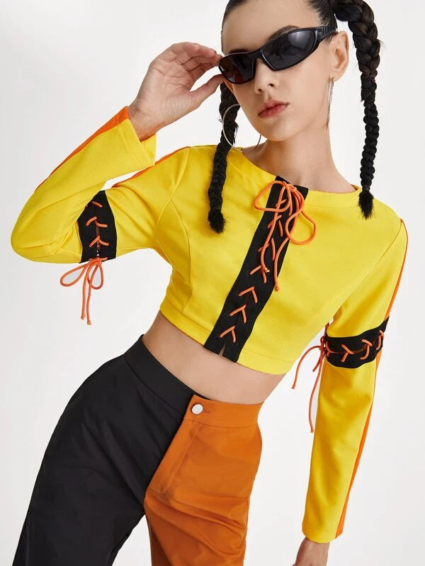 Adjustable Lace Up Tape Panel Crop Top & Two Tone Pants