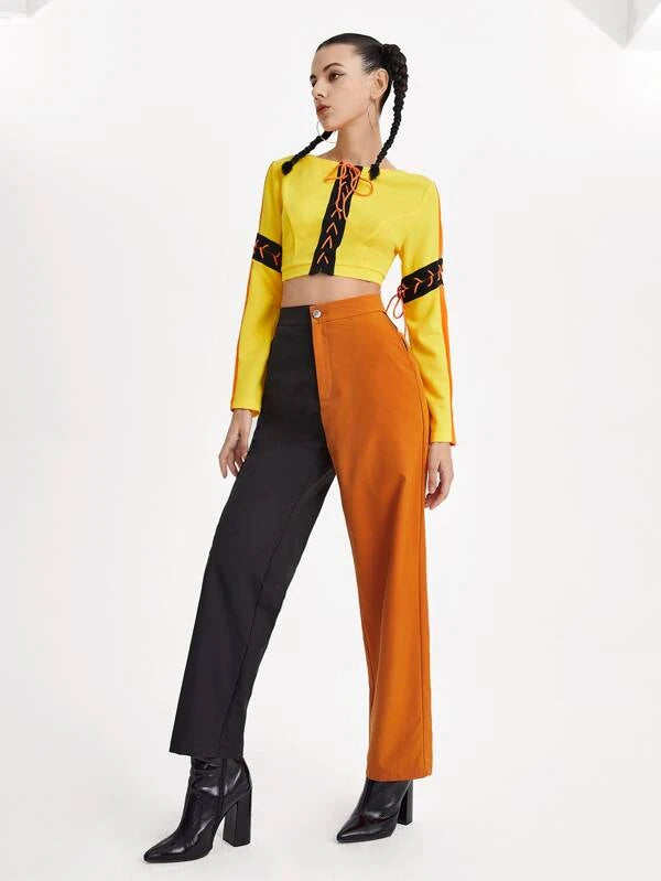 Adjustable Lace Up Tape Panel Crop Top & Two Tone Pants