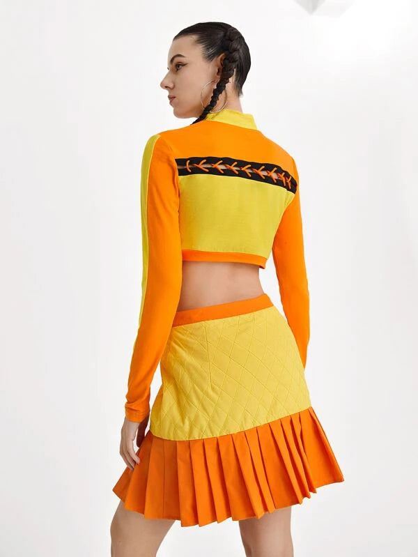 Adjustable Lace Up Color block Crop Top & Pleated Hem Skirt