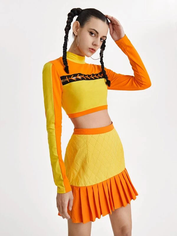 Adjustable Lace Up Color block Crop Top & Pleated Hem Skirt